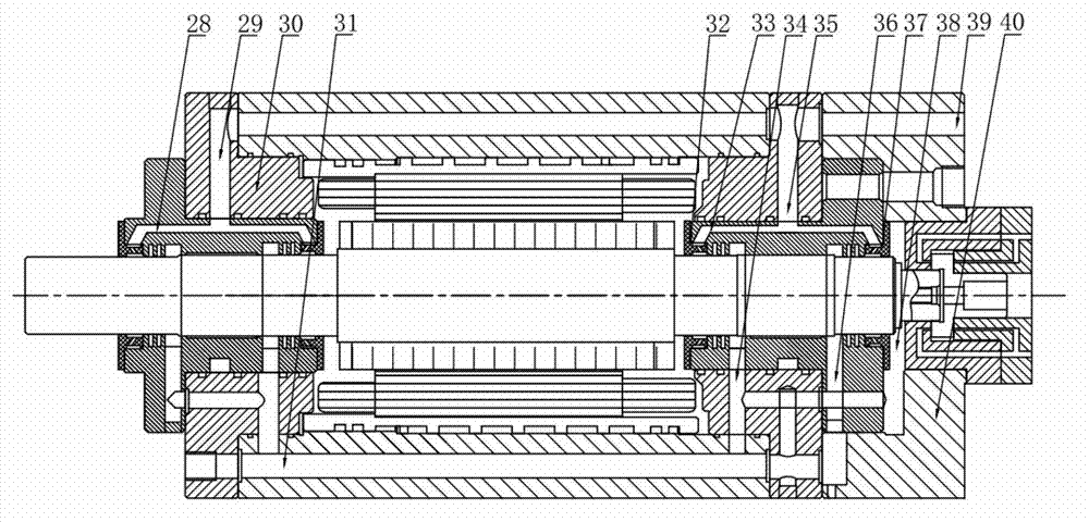 Motorized spindle device supported by high-speed hybrid bearings and lubricated by two phases of gas and liquid