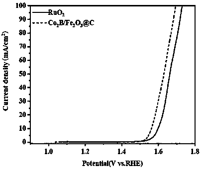 Preparation method of Fe2O3/C@Co2B catalyst and application of Fe2O3/C-coated Co2B catalyst in oxygen evolution reaction