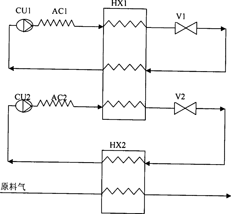 Low-temperature liquefaction system for dual cycle of mixed working medium