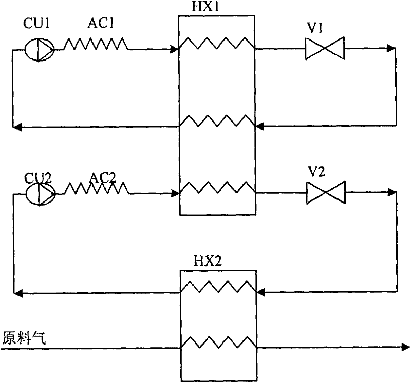 Low-temperature liquefaction system for dual cycle of mixed working medium