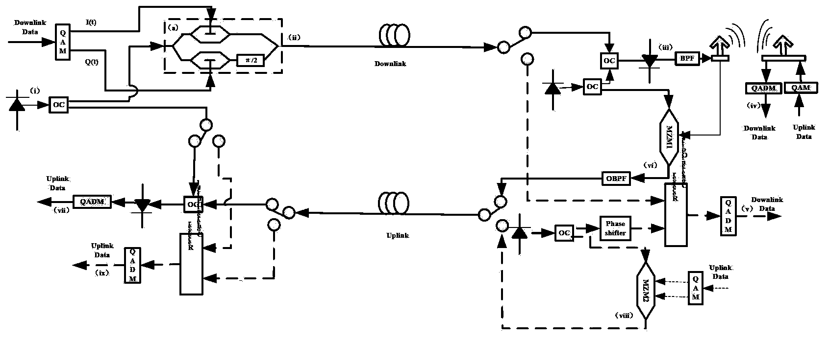 Two-way wired/wireless hybrid optical access method and system based on homodyne/heterodyne detection