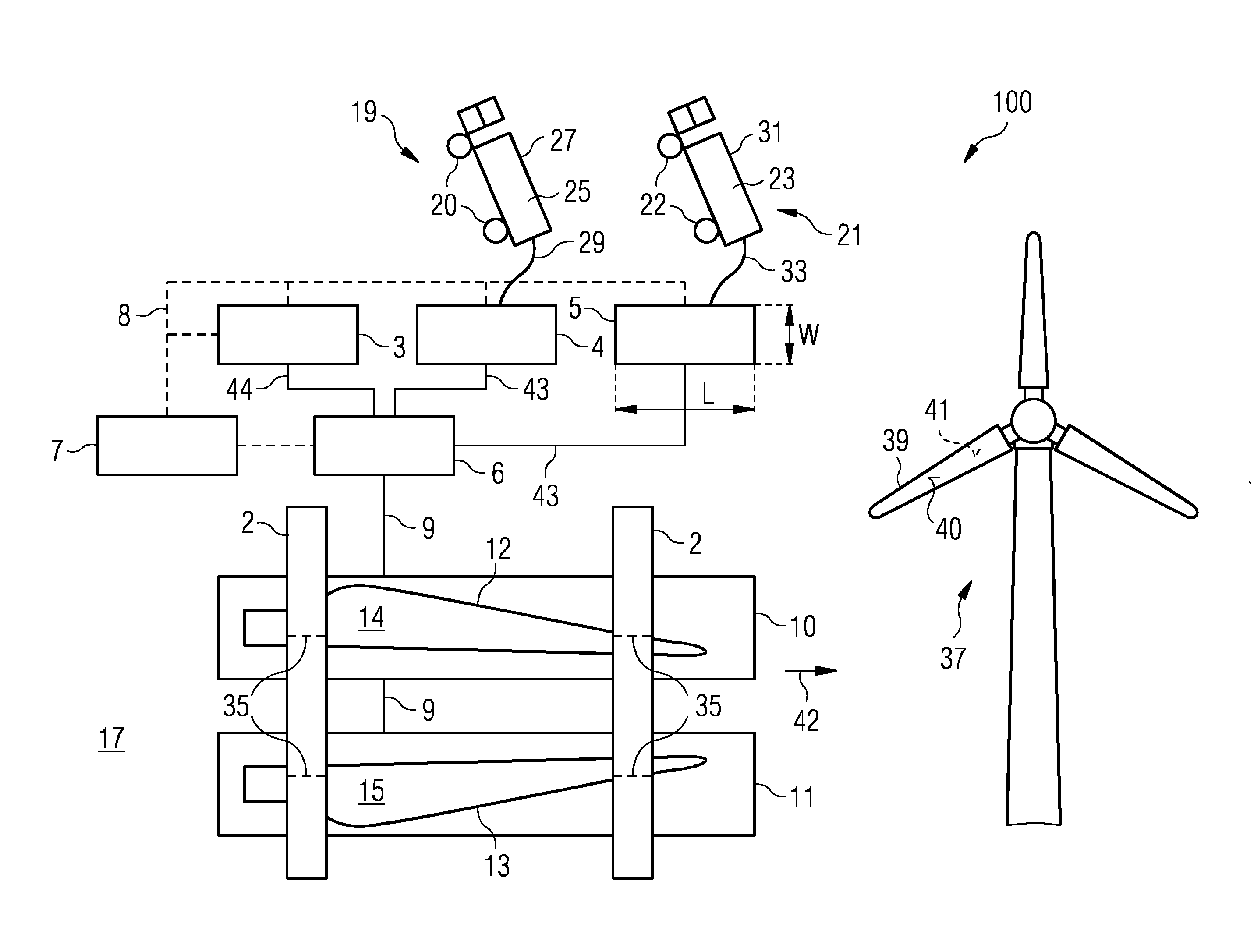 Facility and method for manufacturing a rotor blade of a wind turbine and method for setting up the facility