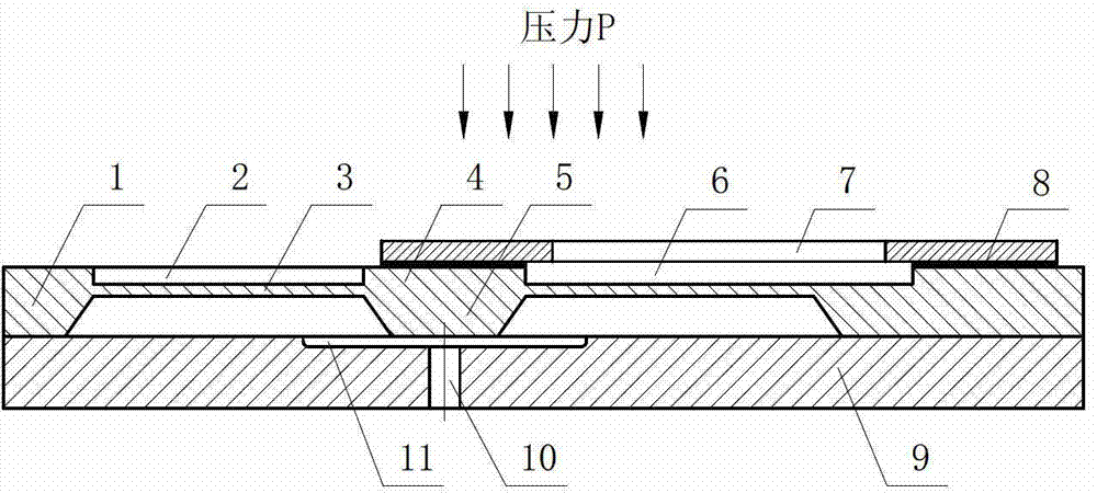 Quartz girder resonant mode micro-pressure sensor chip with silicon substrate single island structure