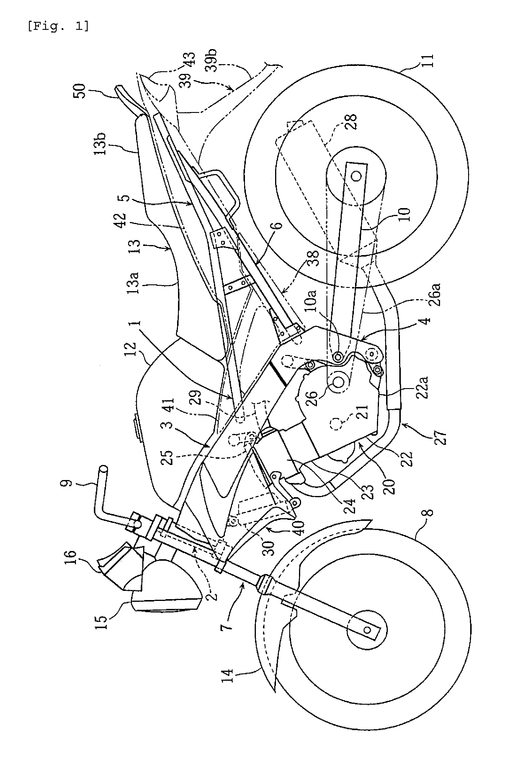 Motorcycle with grab bar attached to body frame below seat