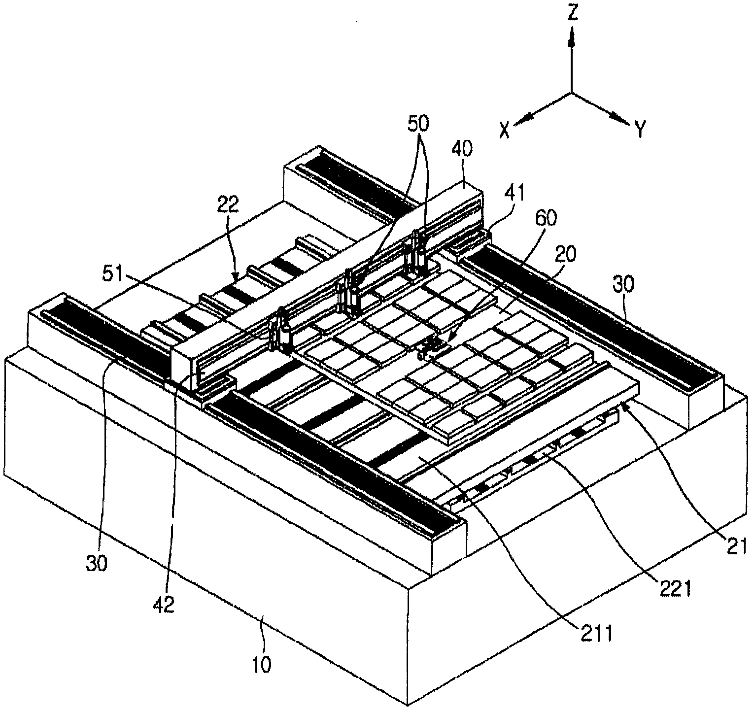 Device for measuring the relative positioning of the image-forming point of a laser-displacement sensor and the outlet port of the nozzle of a head unit, paste dispenser to which this device for measuring relative positioning is fitted, and a method