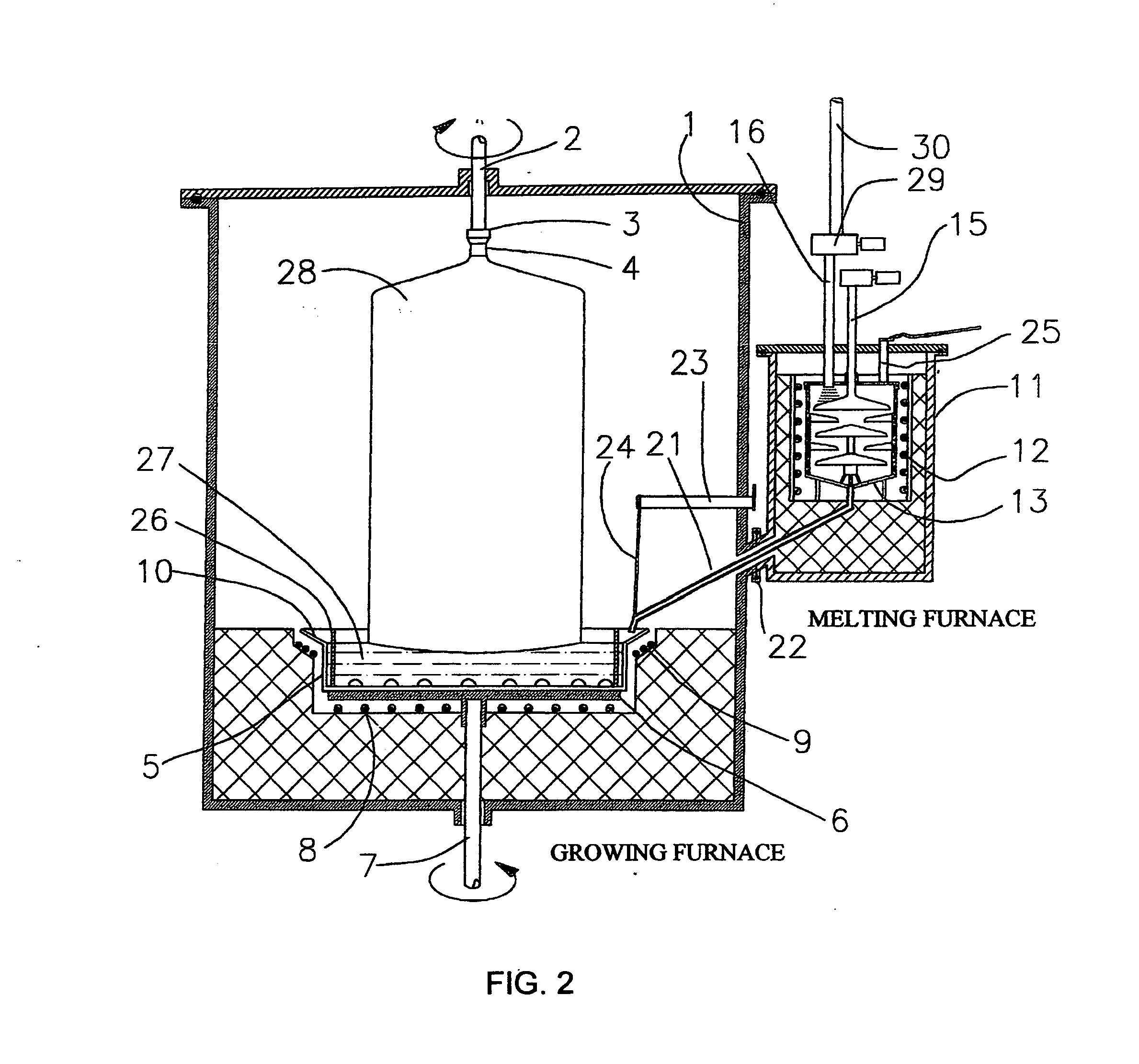 Controlled gravity feeding czochralski apparatus with on the way melting raw material