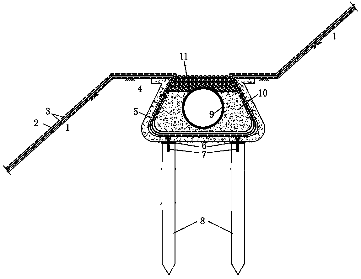 Landfill lining layer anchoring structure using rice hull ash concrete