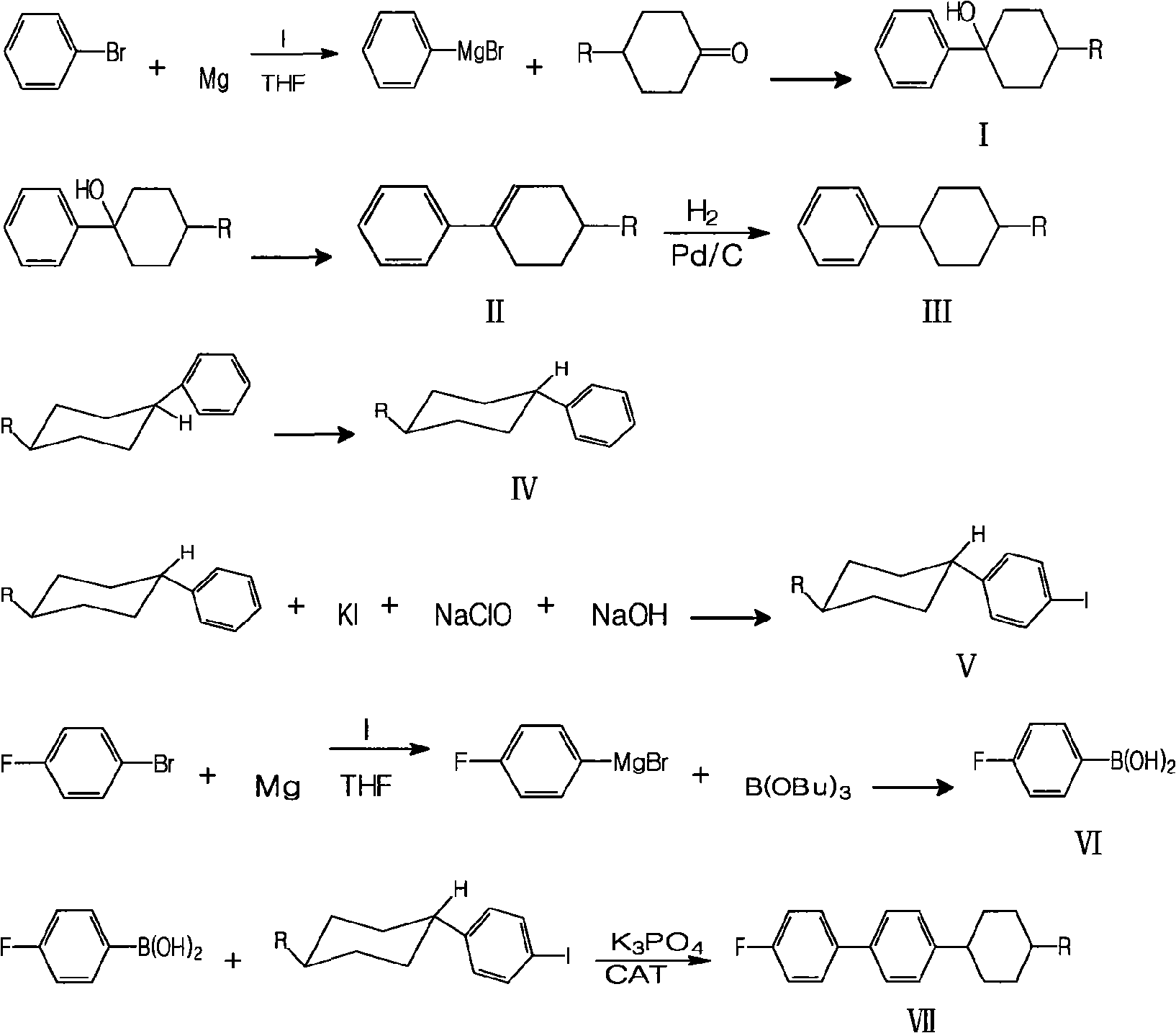 Method for synthesizing fluorine-containing antiform alkyl cyclohexyl biphenyl single liquid crystal