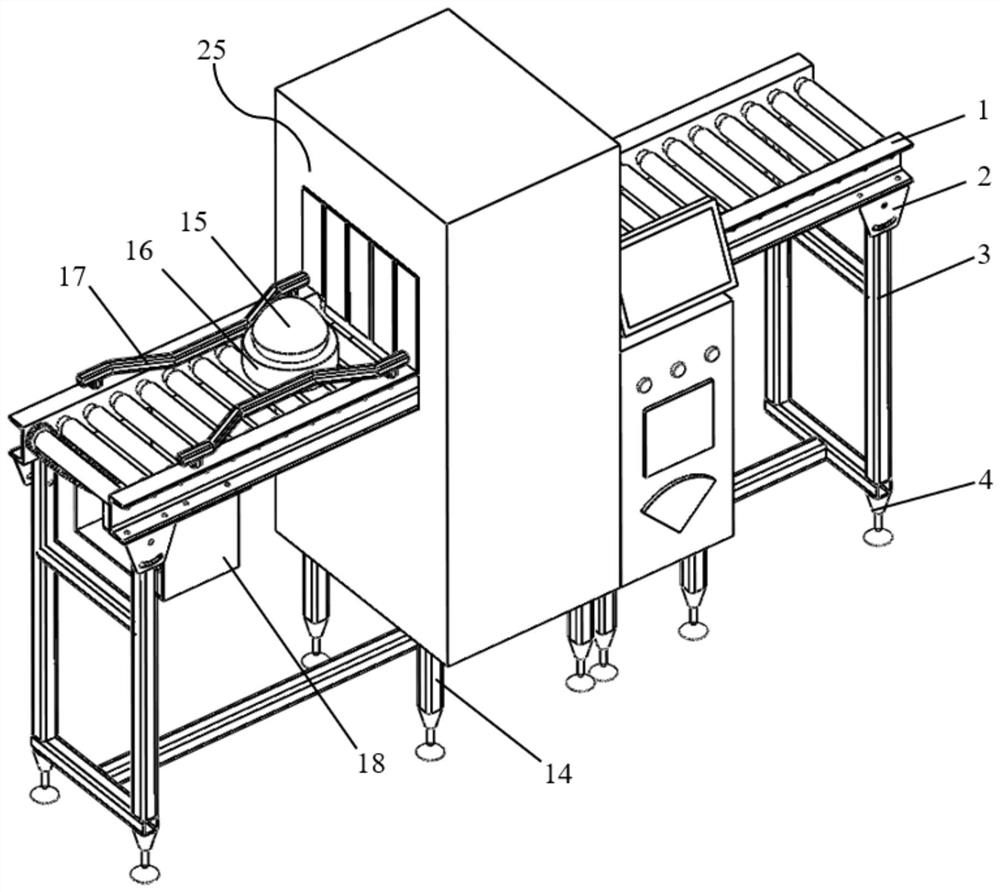 Tray conveying system suitable for full-perimeter real-time detection of fruits