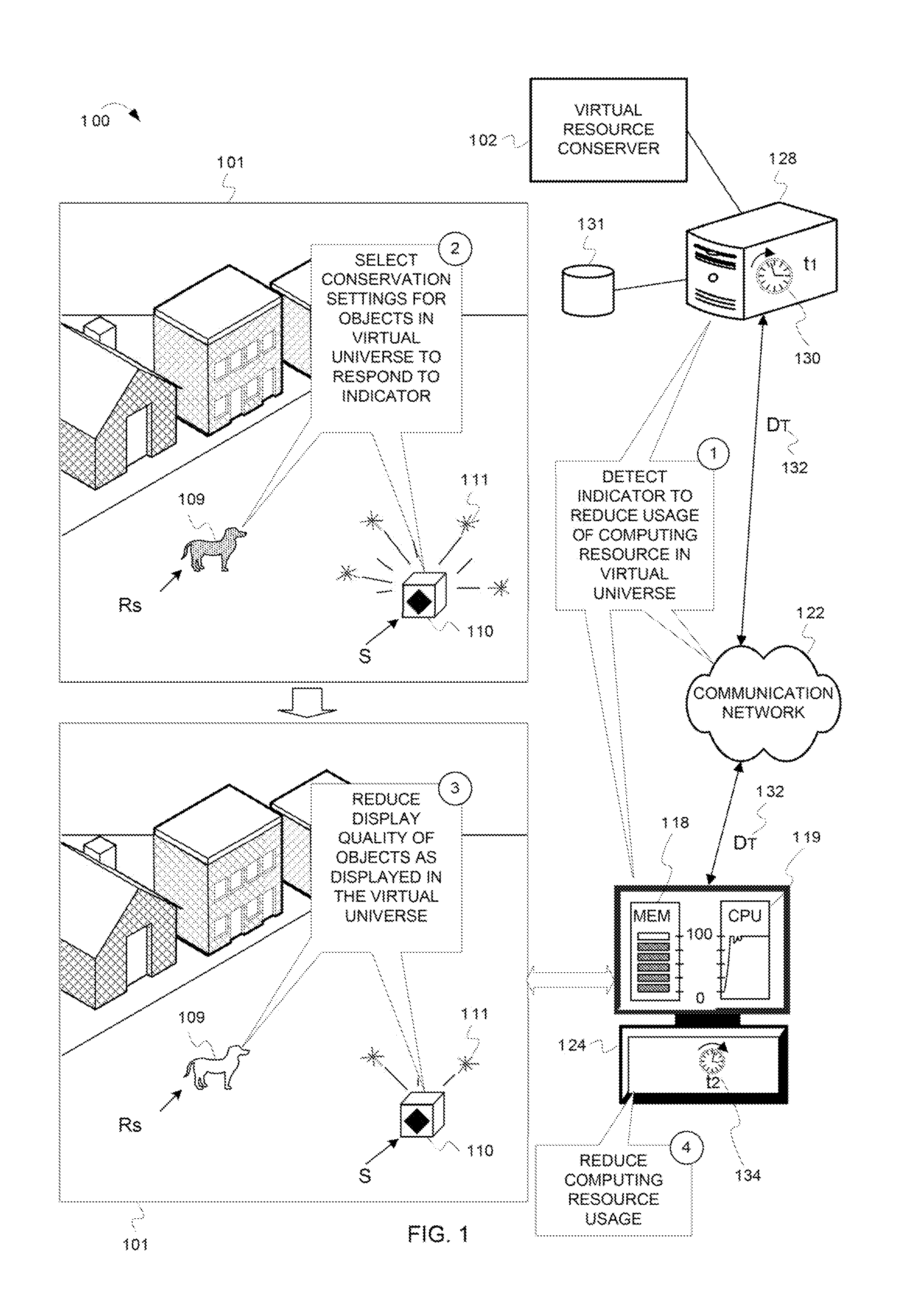 Smart virtual objects of a virtual universe independently select display quality adjustment settings to conserve energy consumption of resources supporting the virtual universe