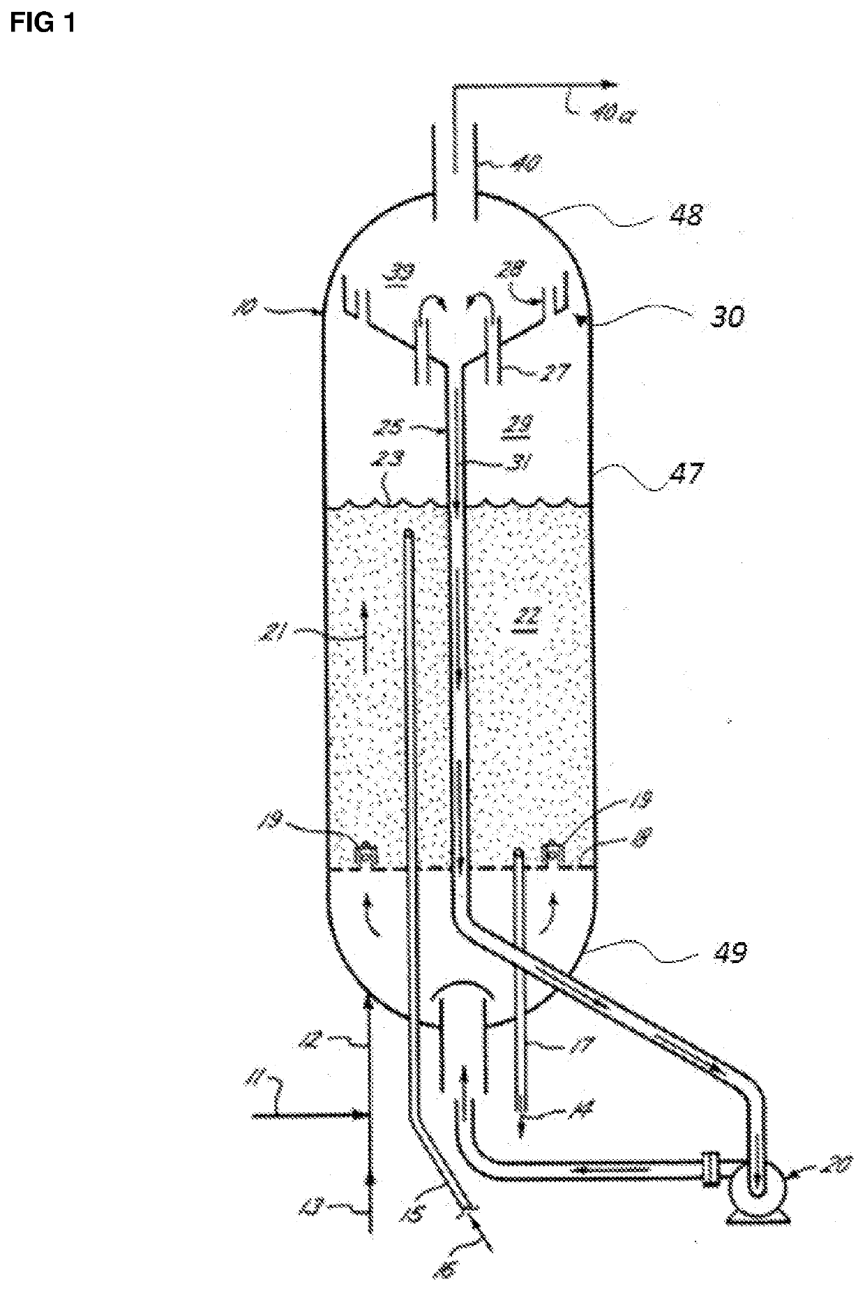 Three-phase reactor with recycle cup of decreasing section and of variable angle of inclination