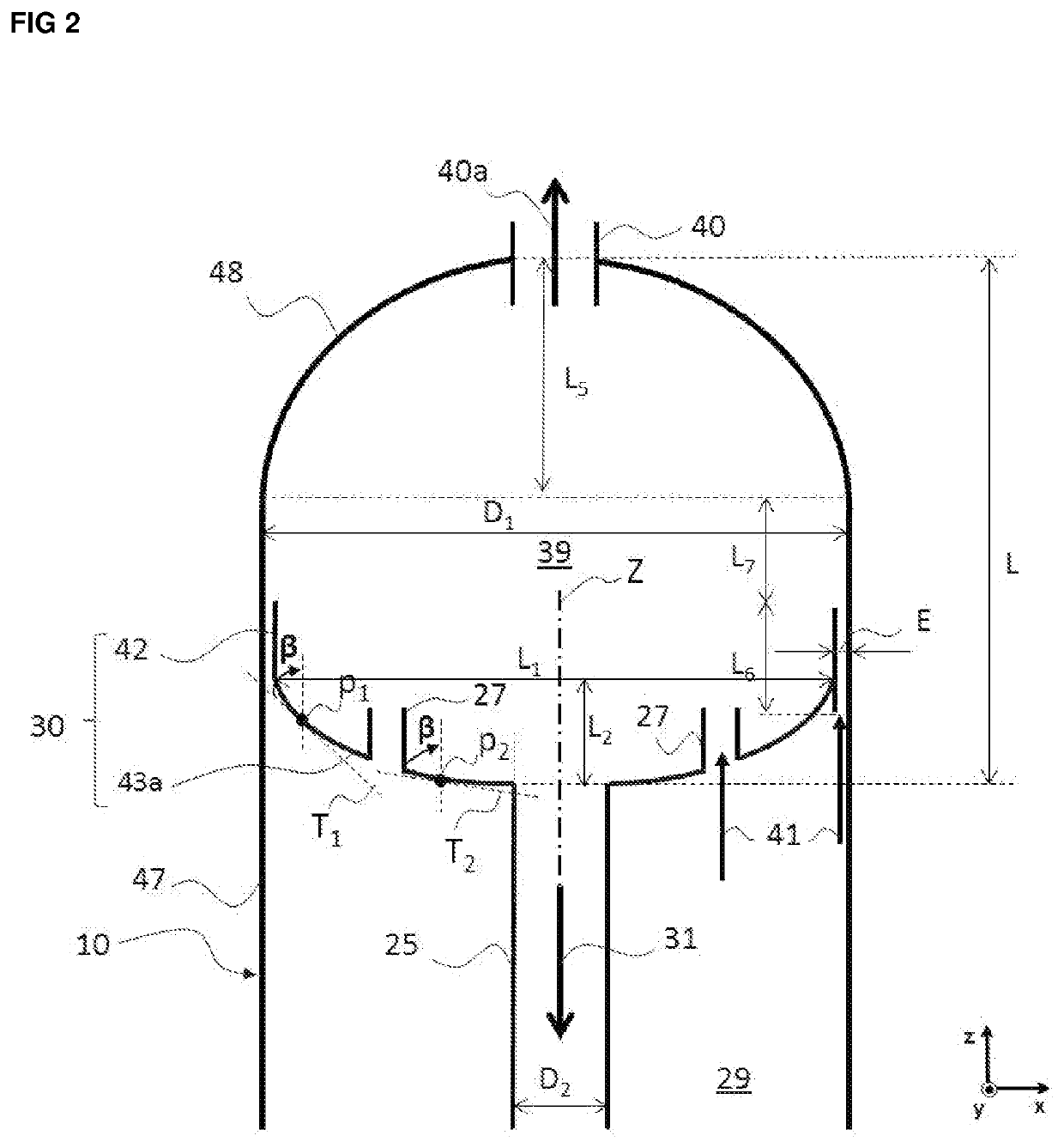 Three-phase reactor with recycle cup of decreasing section and of variable angle of inclination