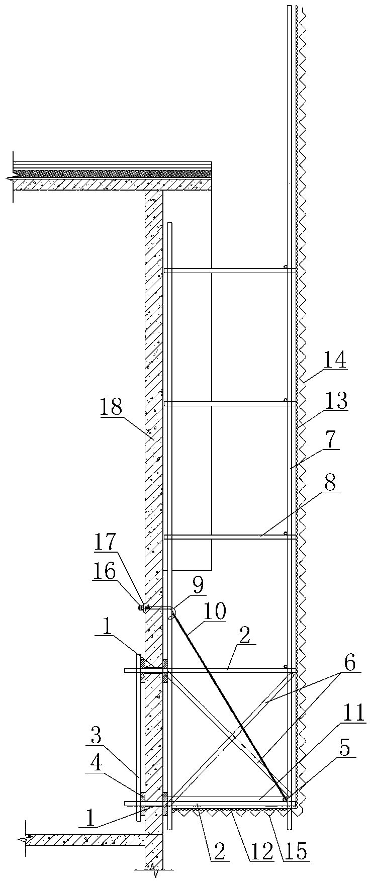 Suspension scaffold at gable at sloping roof eaves of high-rise building, and construction method thereof