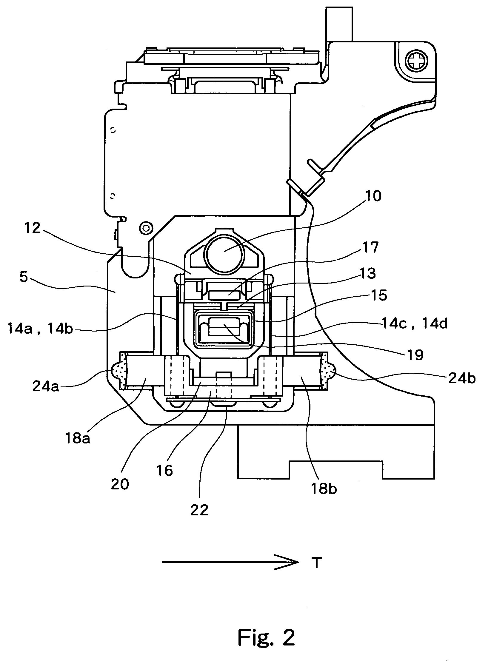 Objective lens drive having optical axis adjustment function