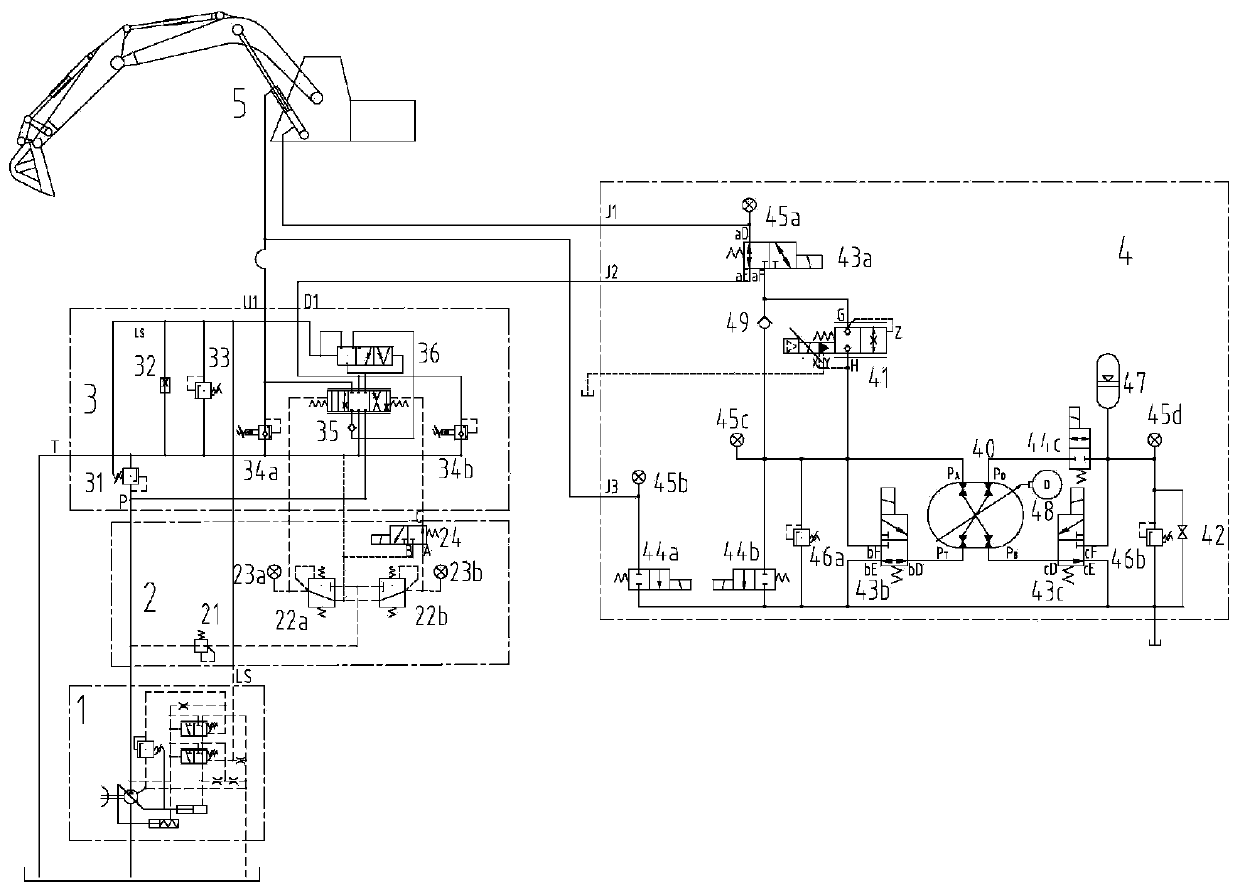 Gravitational potential energy recycling and reutilization energy-saving device based on four-port hydraulic transformer