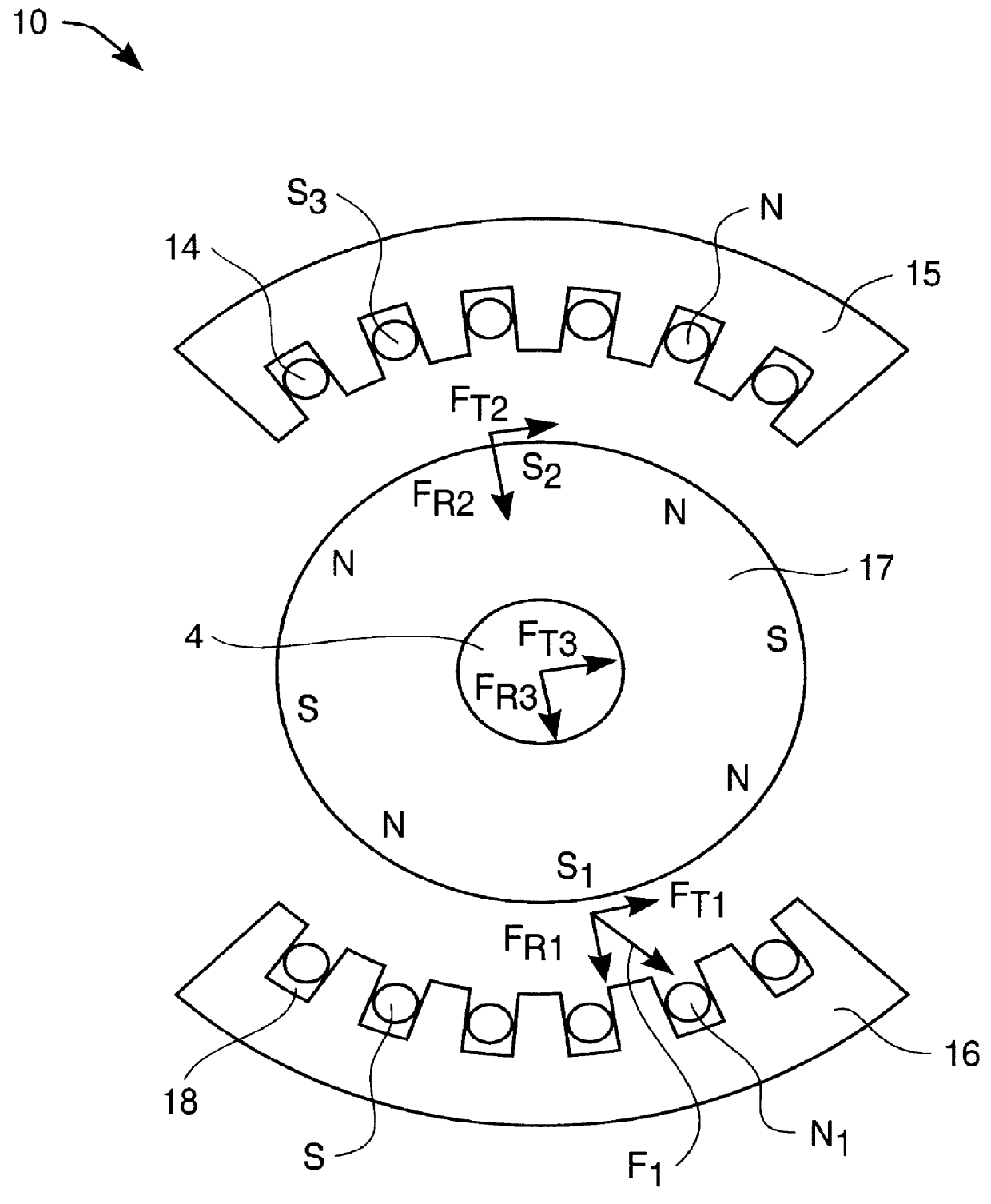 System for actively reducing radial vibrations in a rotating shaft, and method of operating the system to achieve this