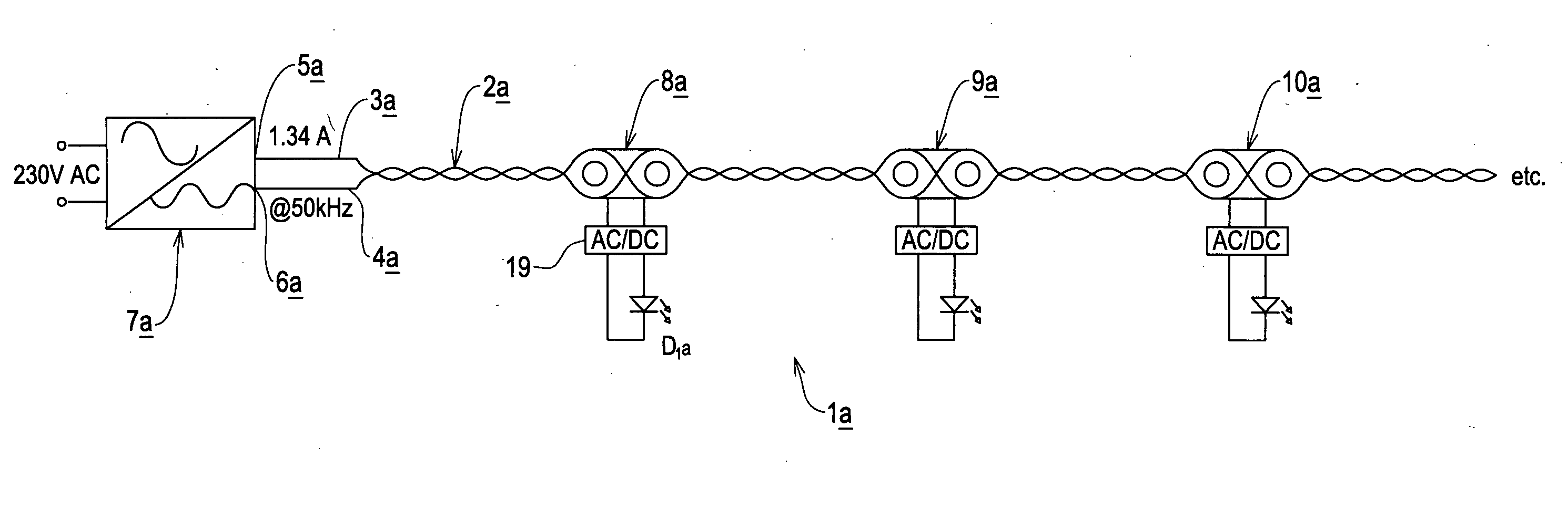 Electrical system using high frequency ac and having inductively connected loads, and related power supplies and luminaires