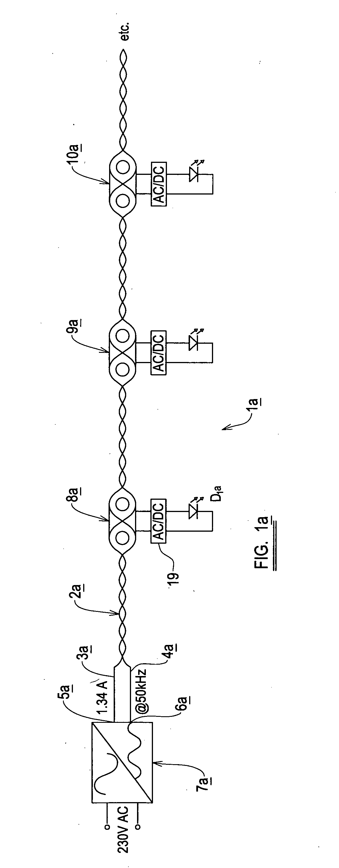 Electrical system using high frequency ac and having inductively connected loads, and related power supplies and luminaires