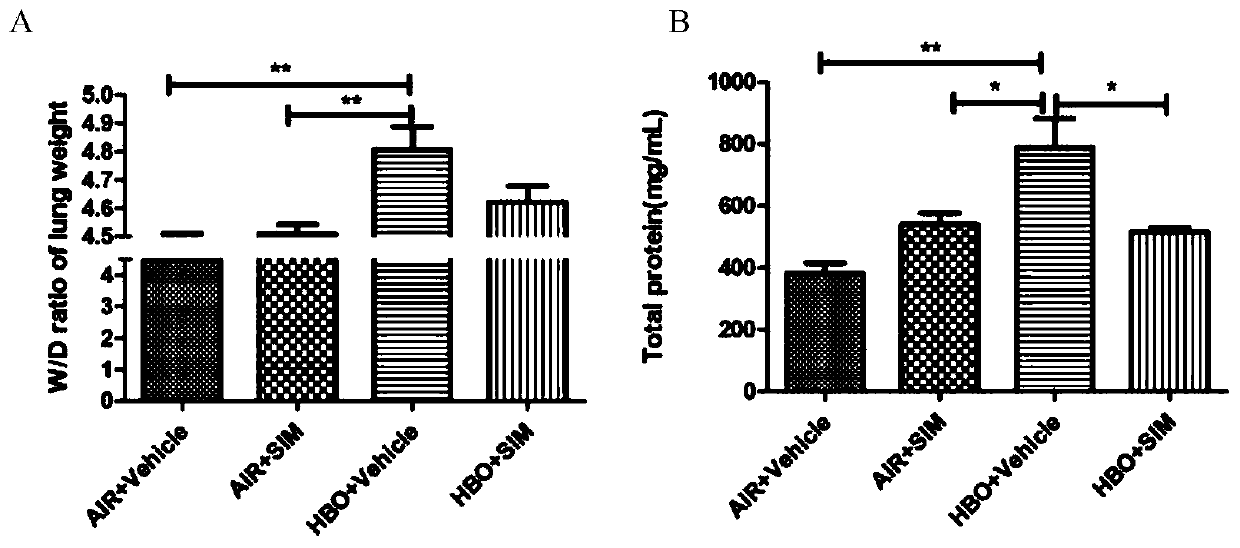 Application of simvastatin in preparation of medicine for preventing pulmonary oxygen toxicity caused by high partial pressure oxygen