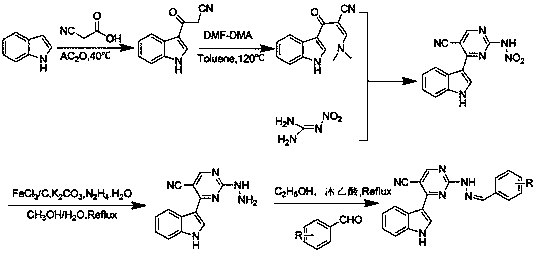 Indolylpyrimidine ring-containing hydrazone compound, and preparation method and application thereof