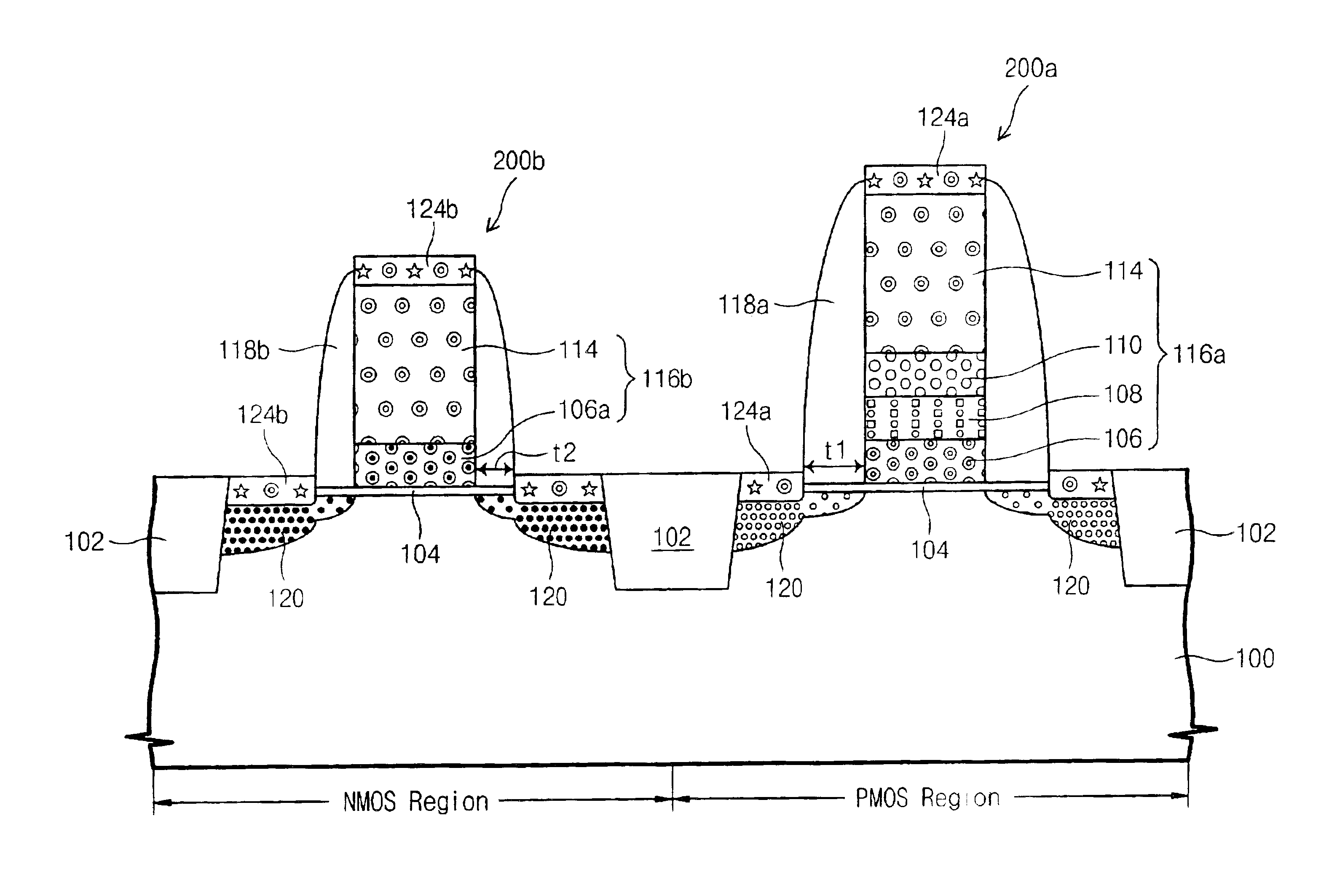 CMOS transistor having different PMOS and NMOS gate electrode structures and method of fabrication thereof