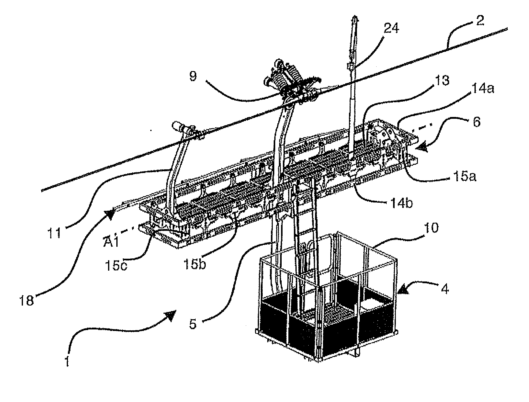 Transport installation with an aerial cable provided with a maintenance vehicle