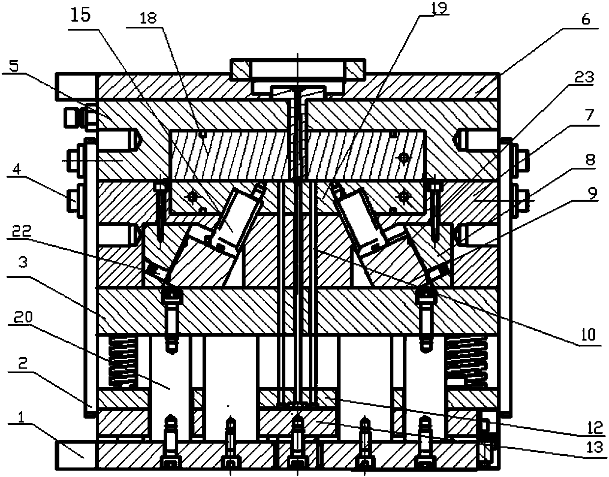 Injection mould utilizing moving mould pull plate to drive oblique sliders to pull cores