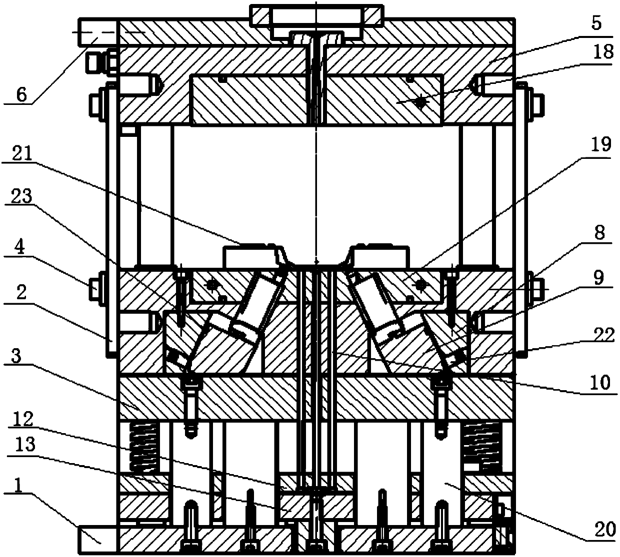 Injection mould utilizing moving mould pull plate to drive oblique sliders to pull cores