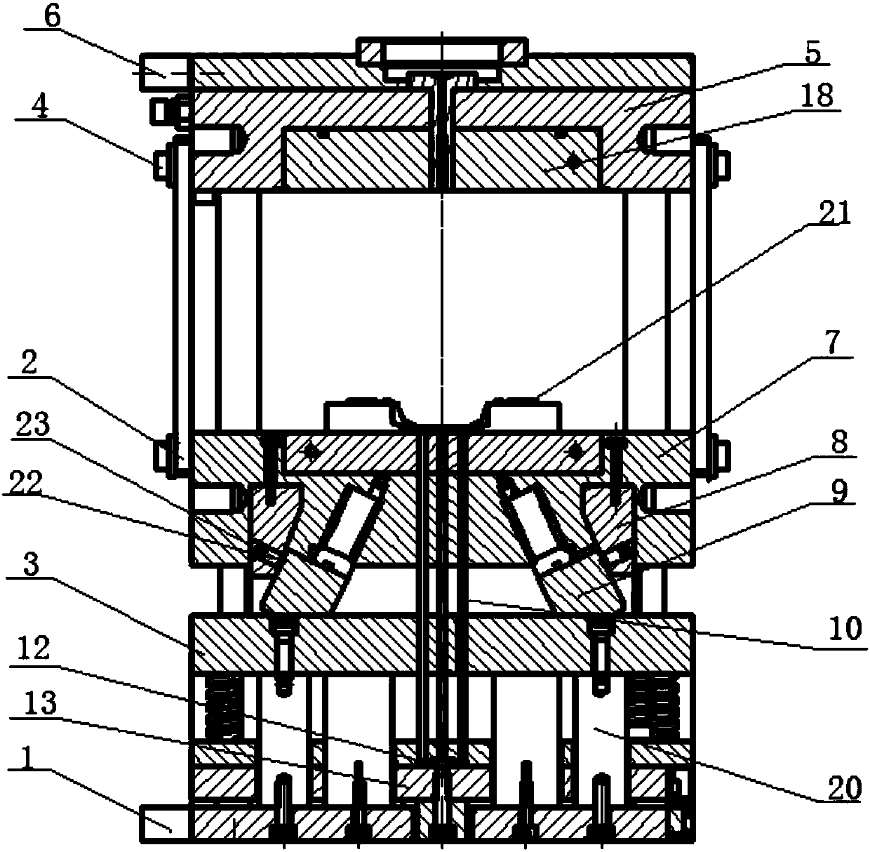 Injection mould utilizing moving mould pull plate to drive oblique sliders to pull cores