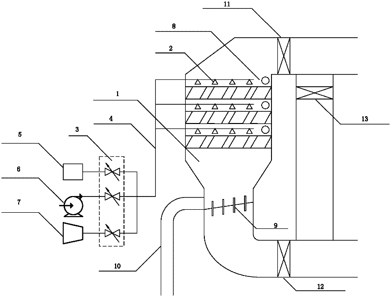 Device for on-line cleaning of selective catalyctic reduction (SCR) denitration catalyst and cleaning process thereof