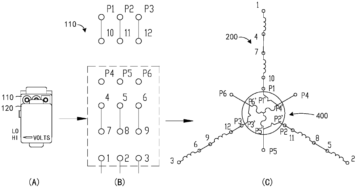 Serial-parallel conversion device of three-phase motor winding and three-phase motor device