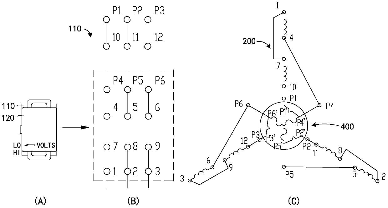 Serial-parallel conversion device of three-phase motor winding and three-phase motor device