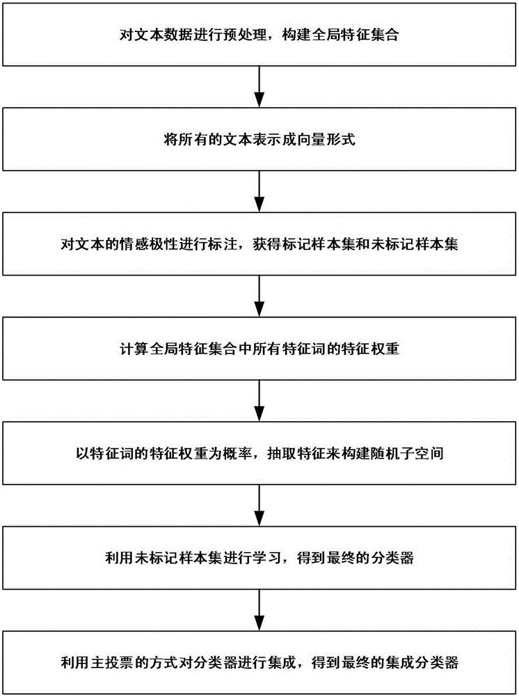 Semi-supervised text sentiment classification method based on random feature subspace