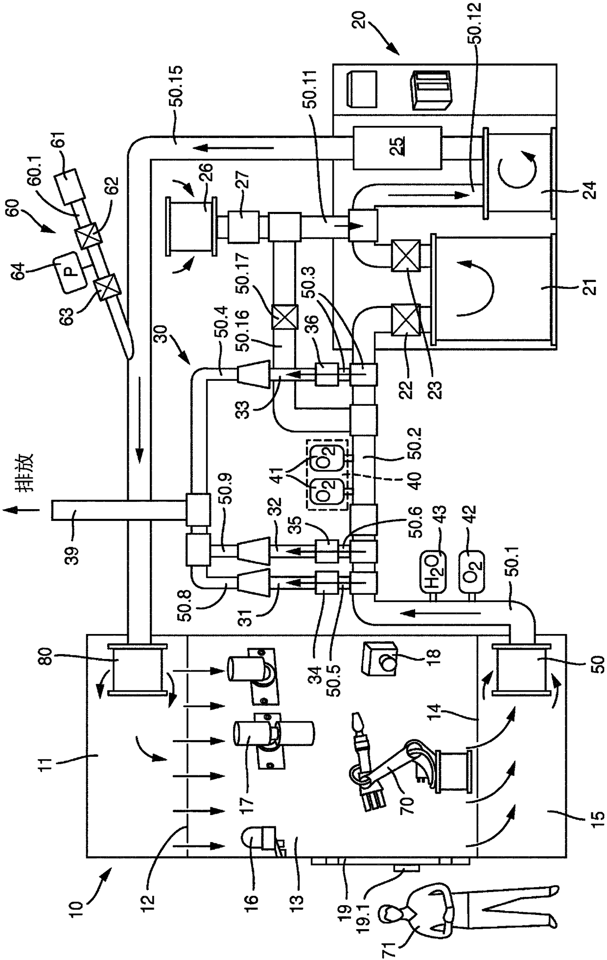 Device and method for exchanging a gas from a working chamber of a walk-in inert-gas housing