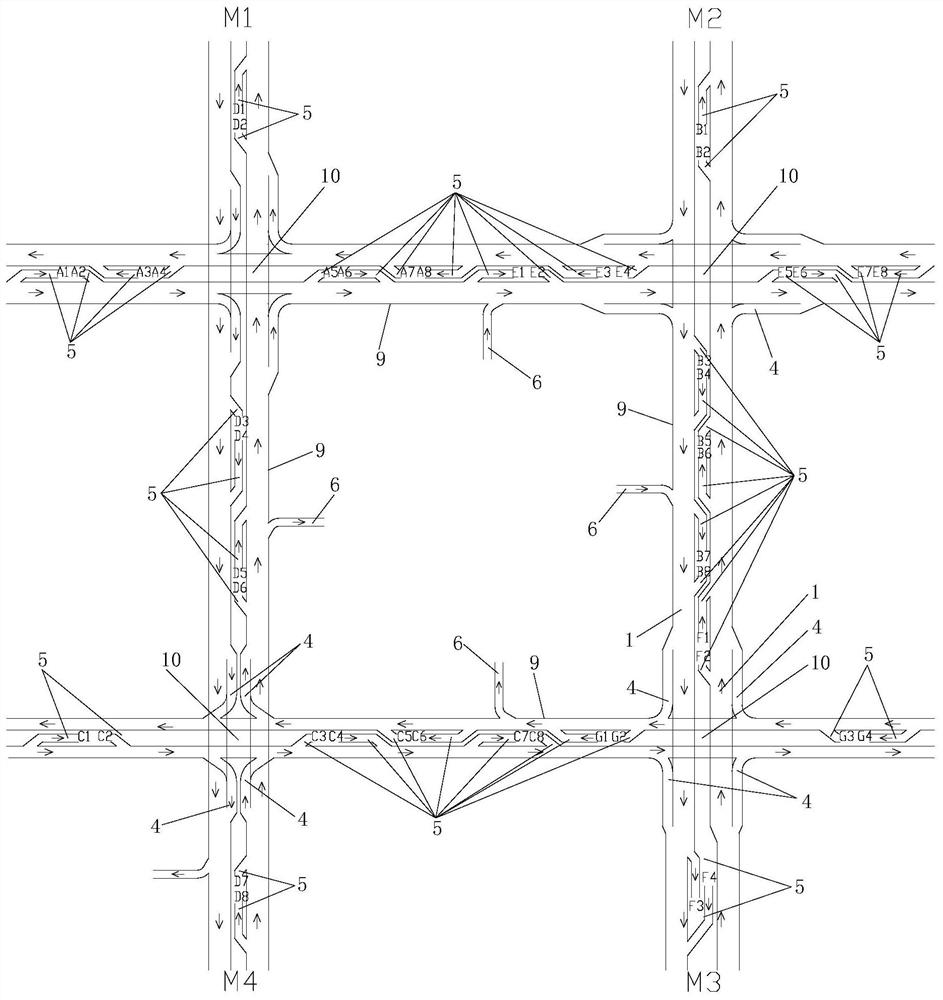 Right-side and left-side driving hybrid arrangement trunk straight road network system