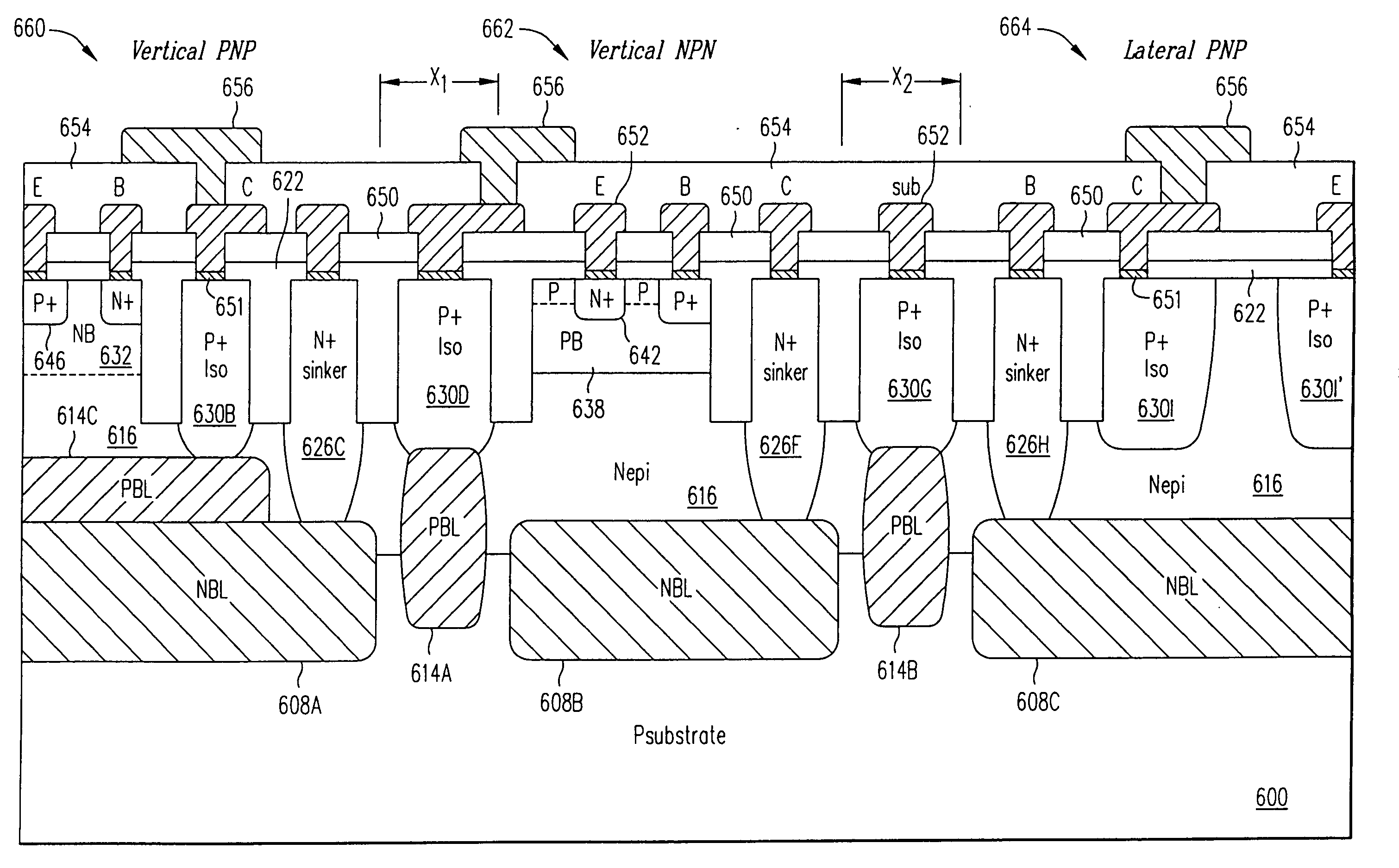 Complementary analog bipolar transistors with trench-constrained isolation diffusion