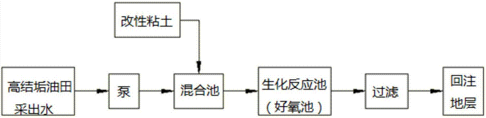 Method of treating highly scaling oil and gas field produced water with microorganisms assisted by modified clay