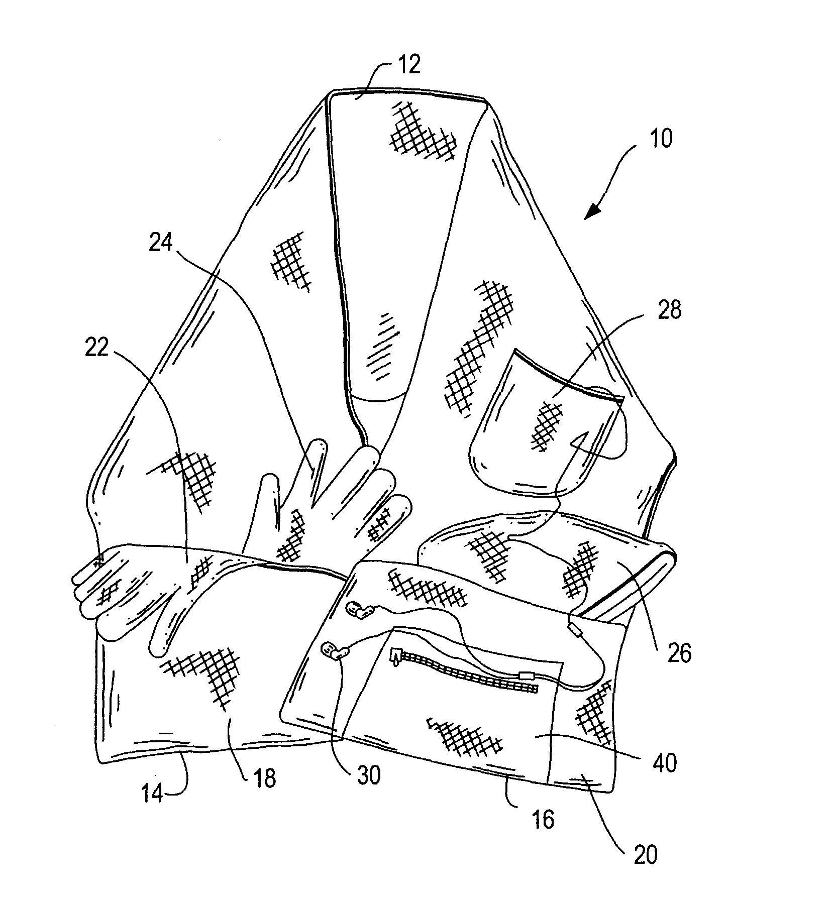 Scarf, glove and hat set foldable into a pocket on the scarf