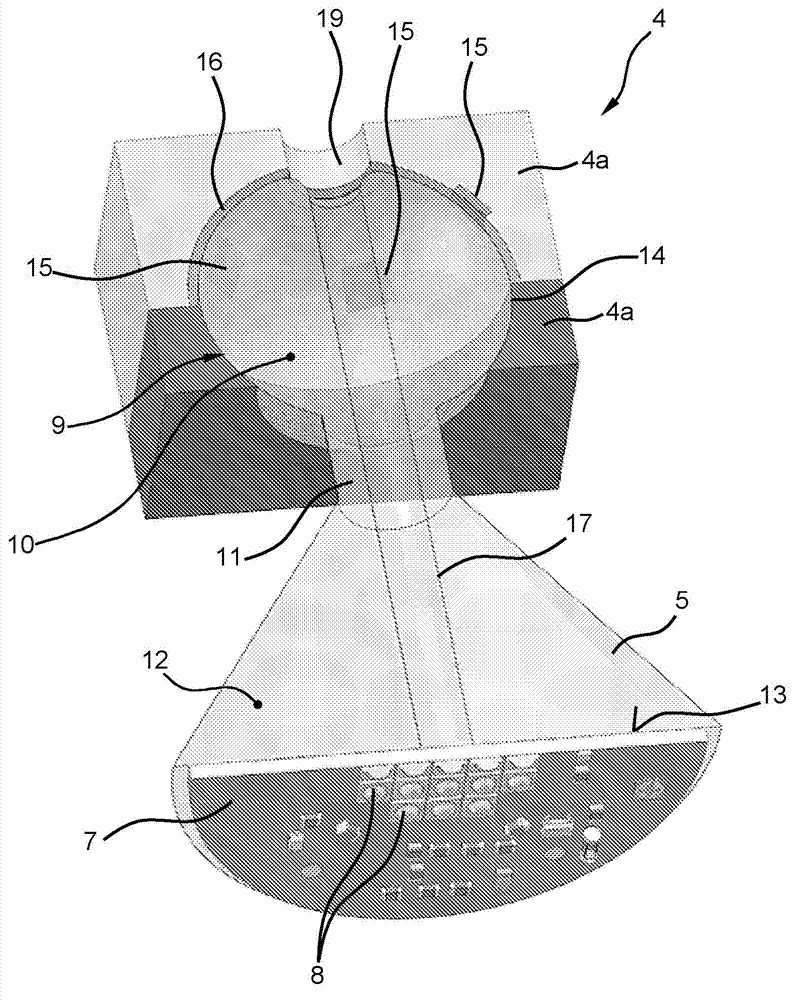 Illumination device having a heat sink and method for directing a light bundle emitted by an illumination device