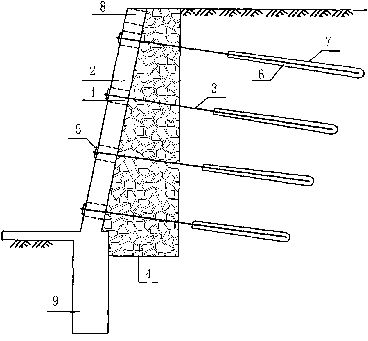 Framework prestress anchor rod-reinforced supporting structure for gravity type retaining wall and construction method thereof