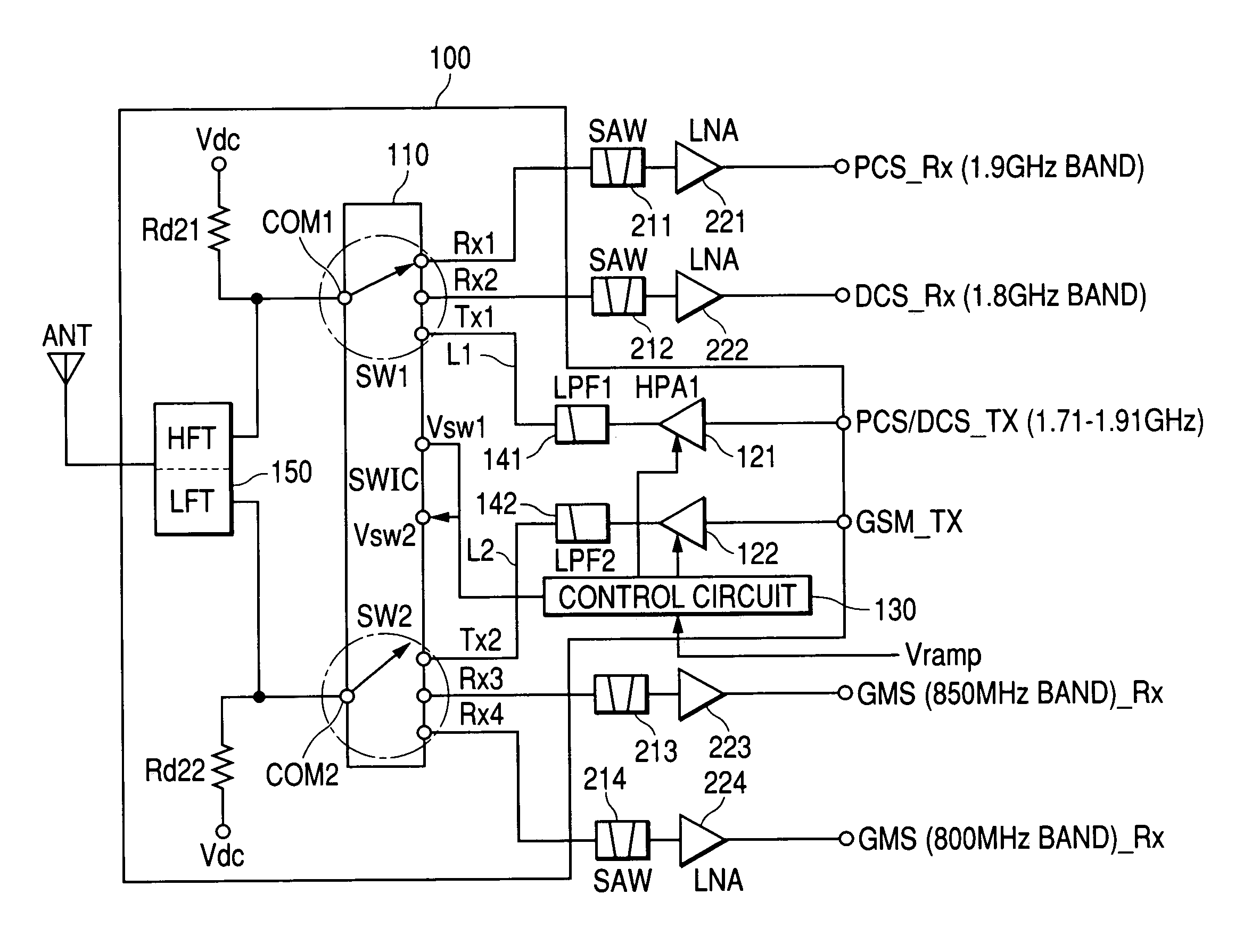 Electric component for communication device and semiconductor device for switching transmission and reception