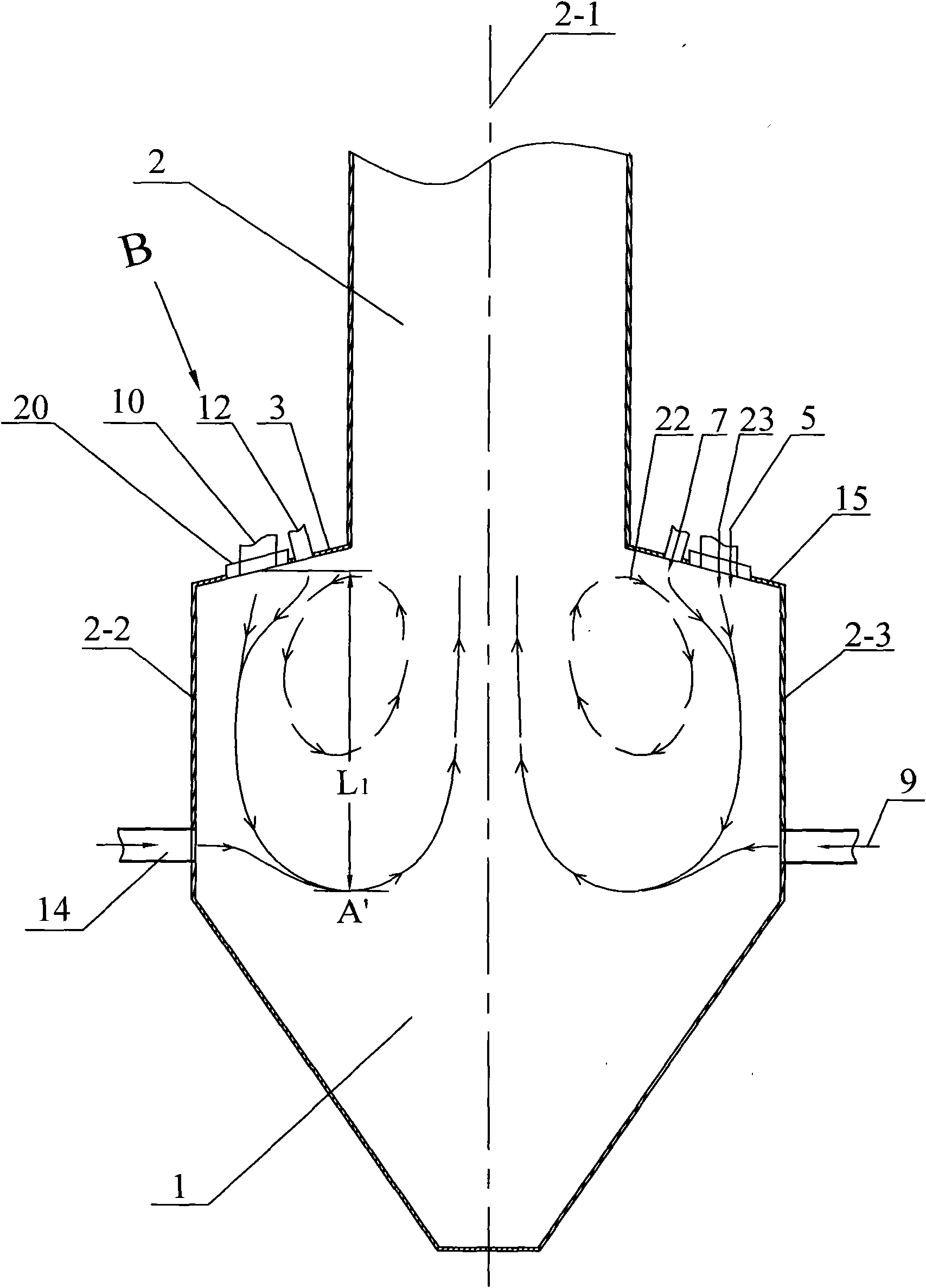 Multi-ejection grading combustion method and W flame boiler device for realizing same