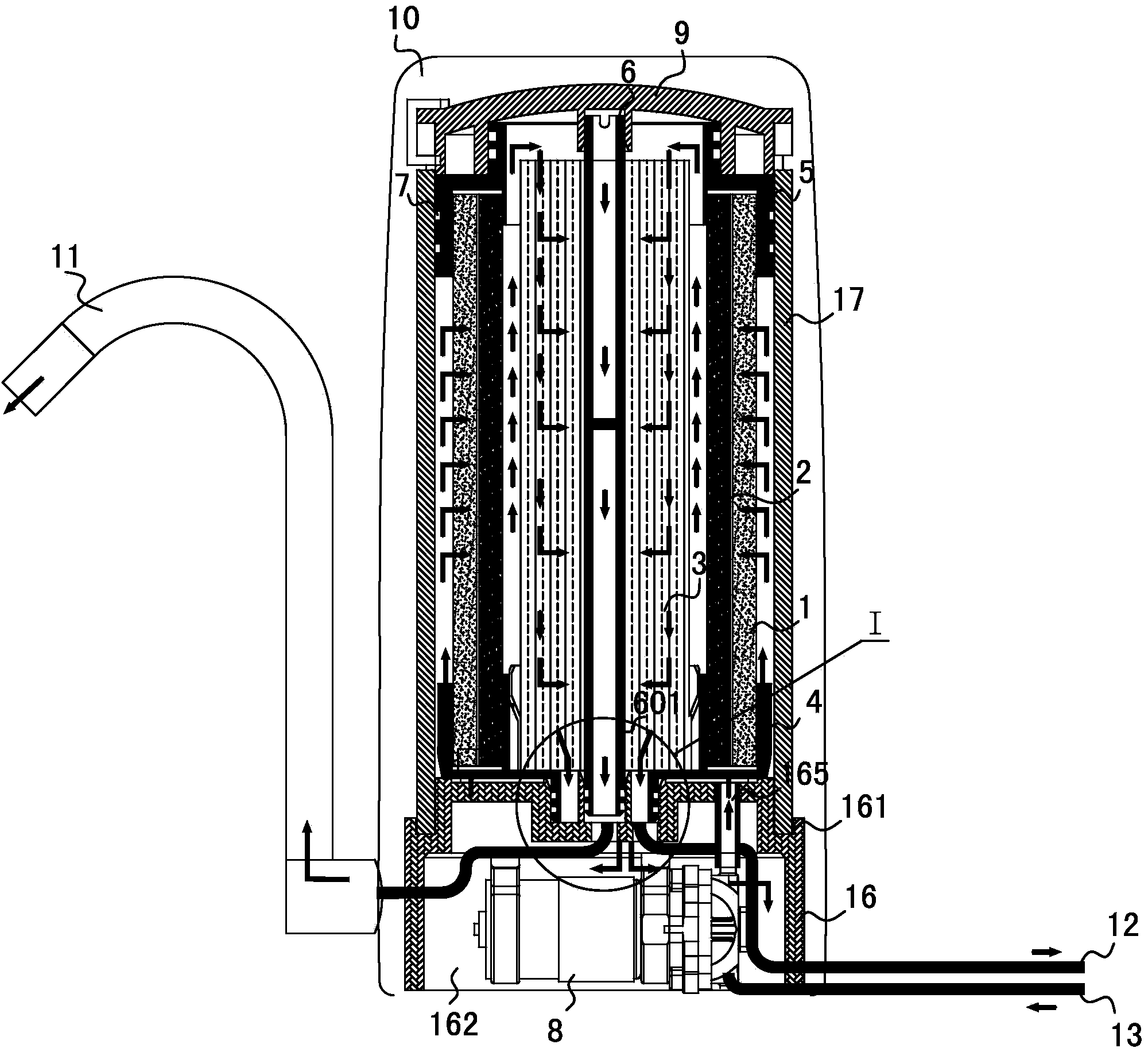 Convenient water-saving all-composite nano-filtration and reverse osmosis water purifier