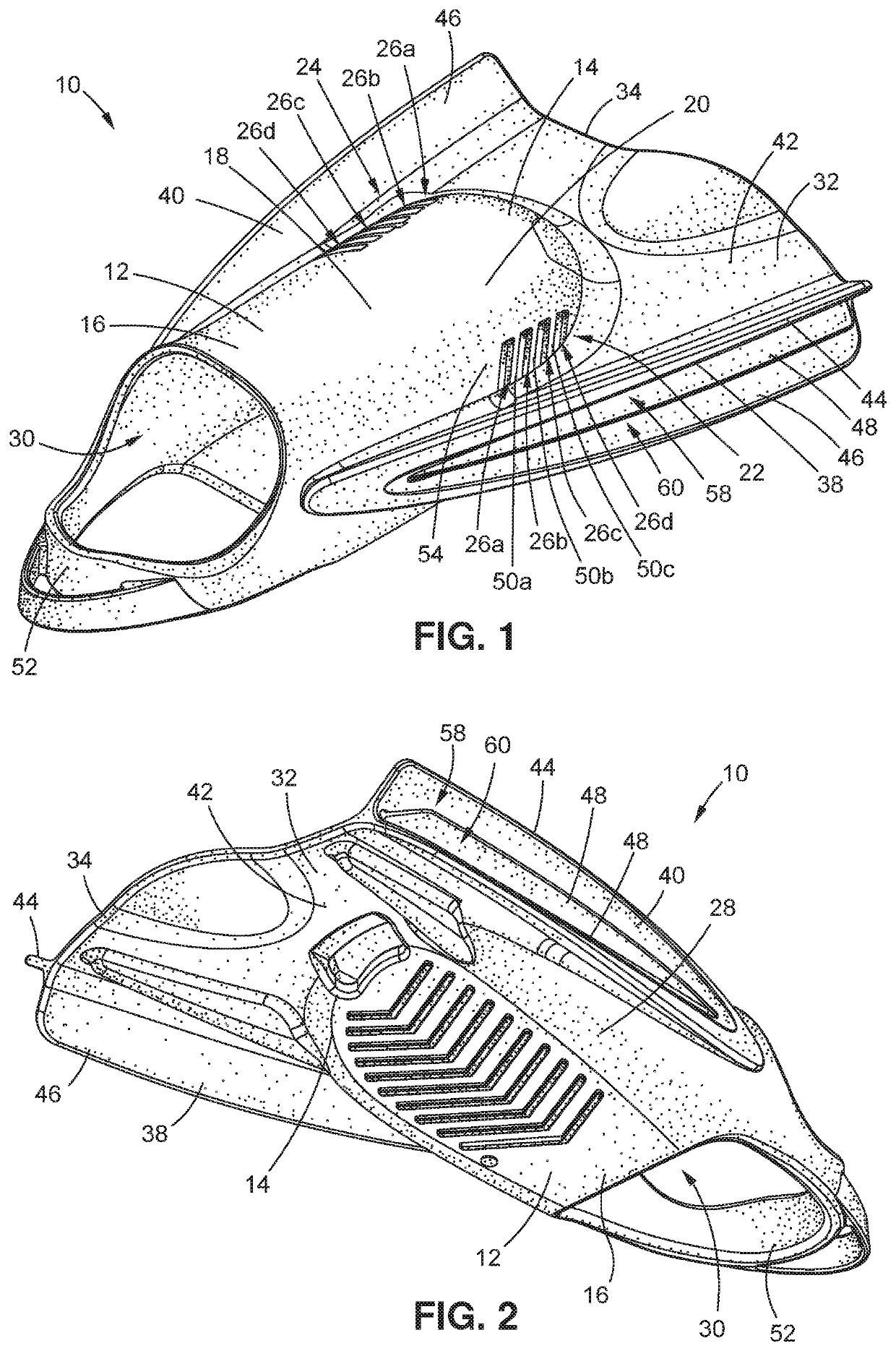 Swim fin with an upper portion having debossed regions and triple-bladed rails