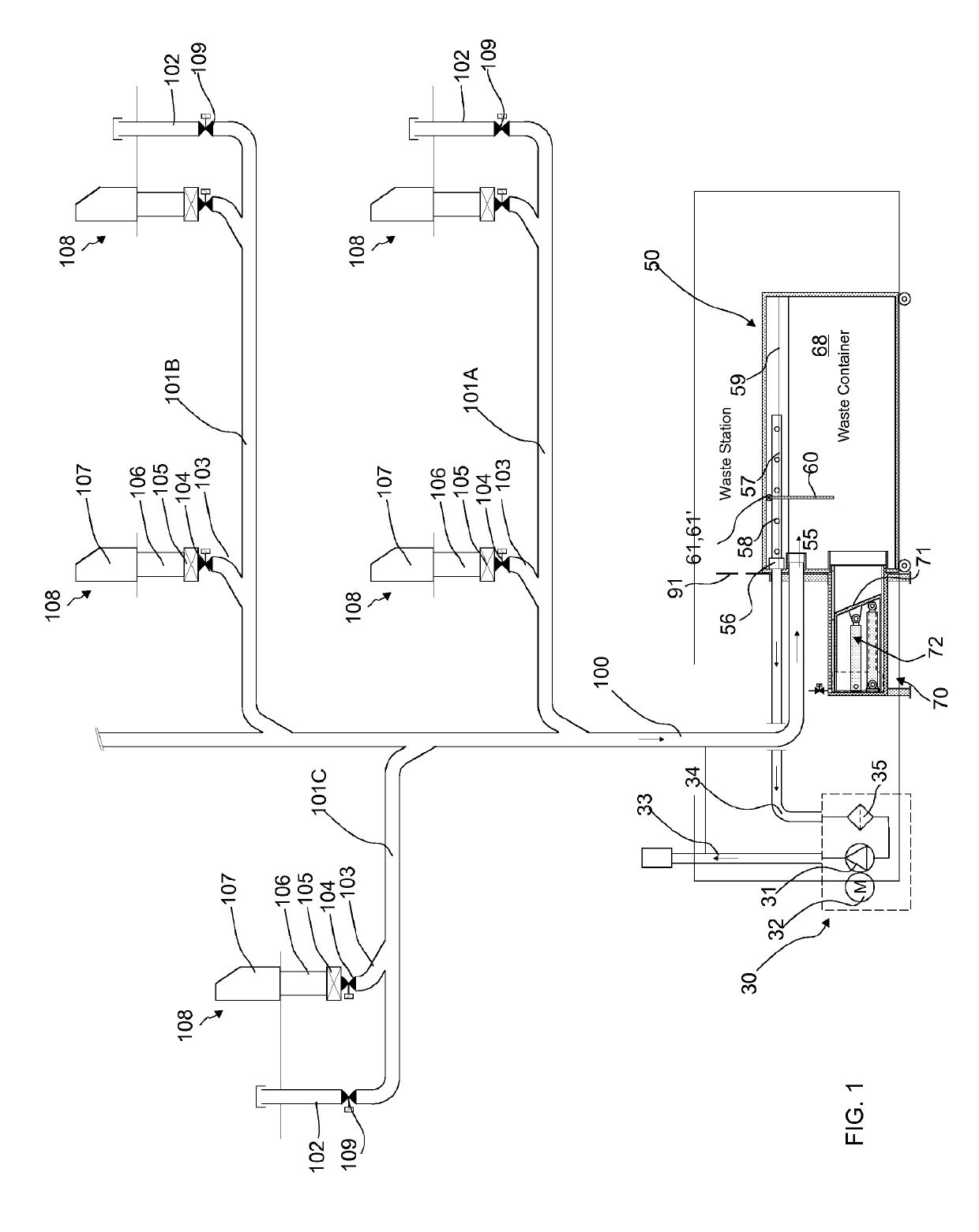 Apparatus for processing material, and waste container/separating device