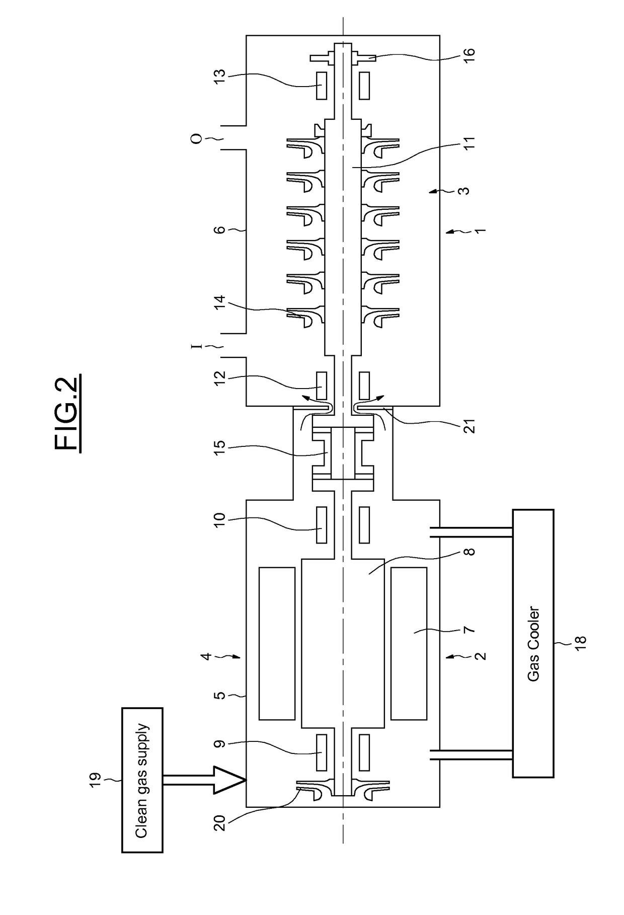 Subsea centrifugal compressor with horizontal shaft and with only one axial thrust bearing