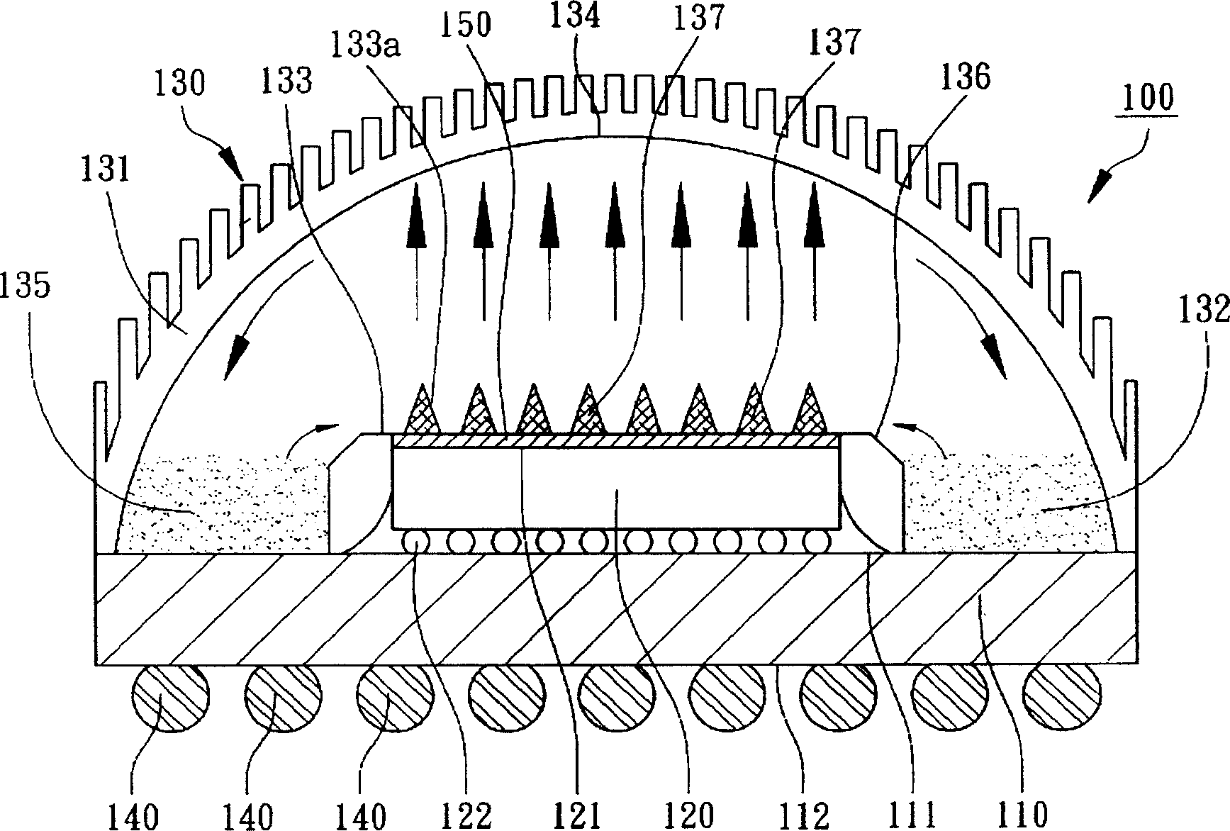 Heat elimination type structure for packing complex crystal