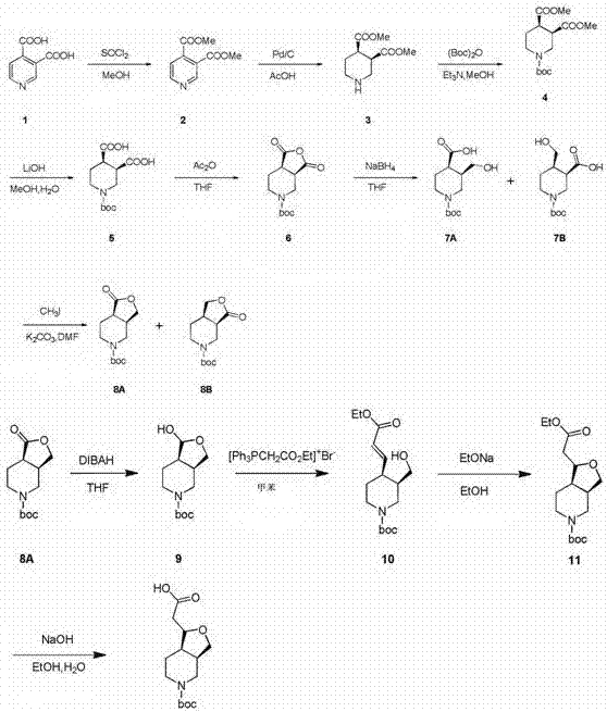 Preparation method of 2-((1S3aR7aR)-5-tert-butyloxycarbonyltetrahydrofuro[3,4]piperidine-1)acetic acid