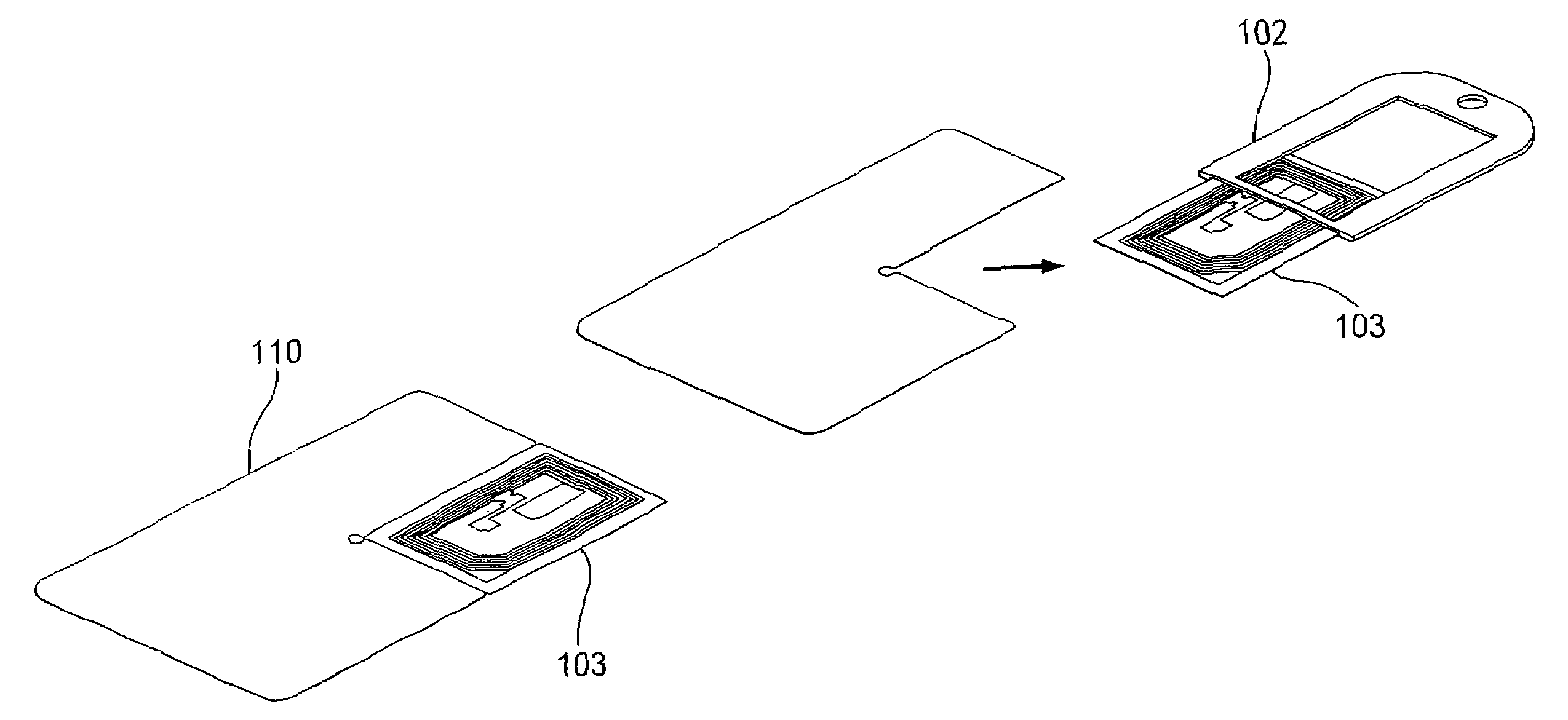 Microcircuit card attached to an adapter base, card base and manufacturing method