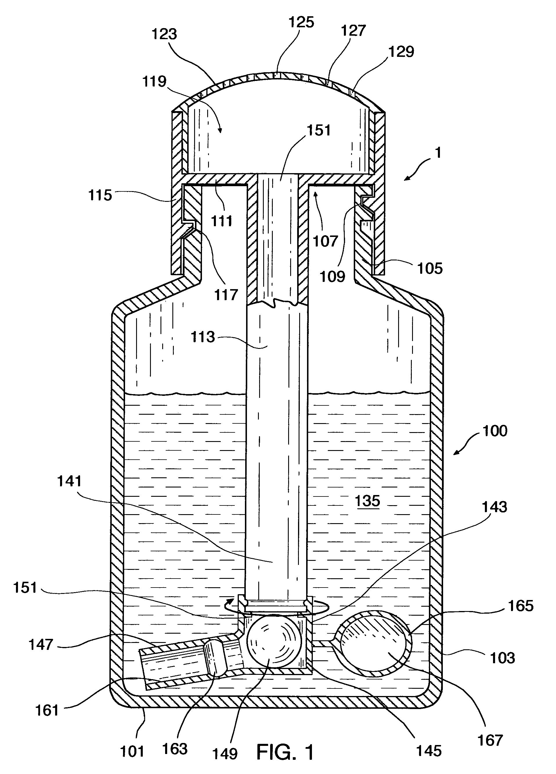 Metered dose squeeze dispenser having a dip tube with a rotatable leg